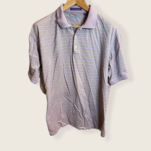 Alan Flusser Lavender Golf Shirt with Green Horizontal Pinstripes Sz L - Picture 1 of 9